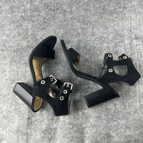 SAM EDELMAN Enya Ankle Strap Sandal Grommet Black Suede Leather Size 7 - Picture 1 of 7